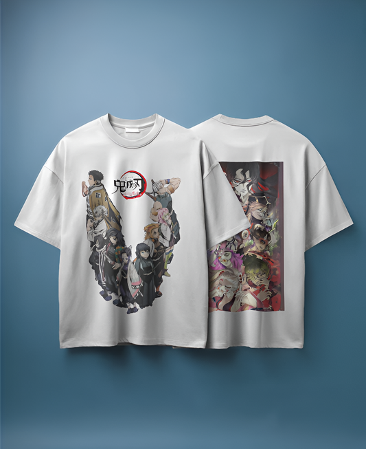 Camiseta Demon Slayer | Pilares vs Lunas Superiores | Diseño oversize blanco