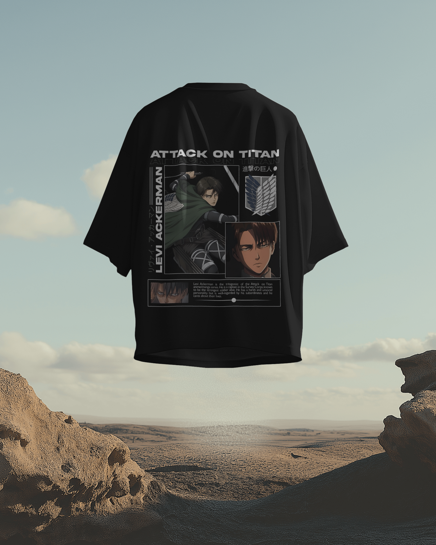 Camiseta Levi Ackerman | Attack on Titan | Oversize negra diseño exclusivo