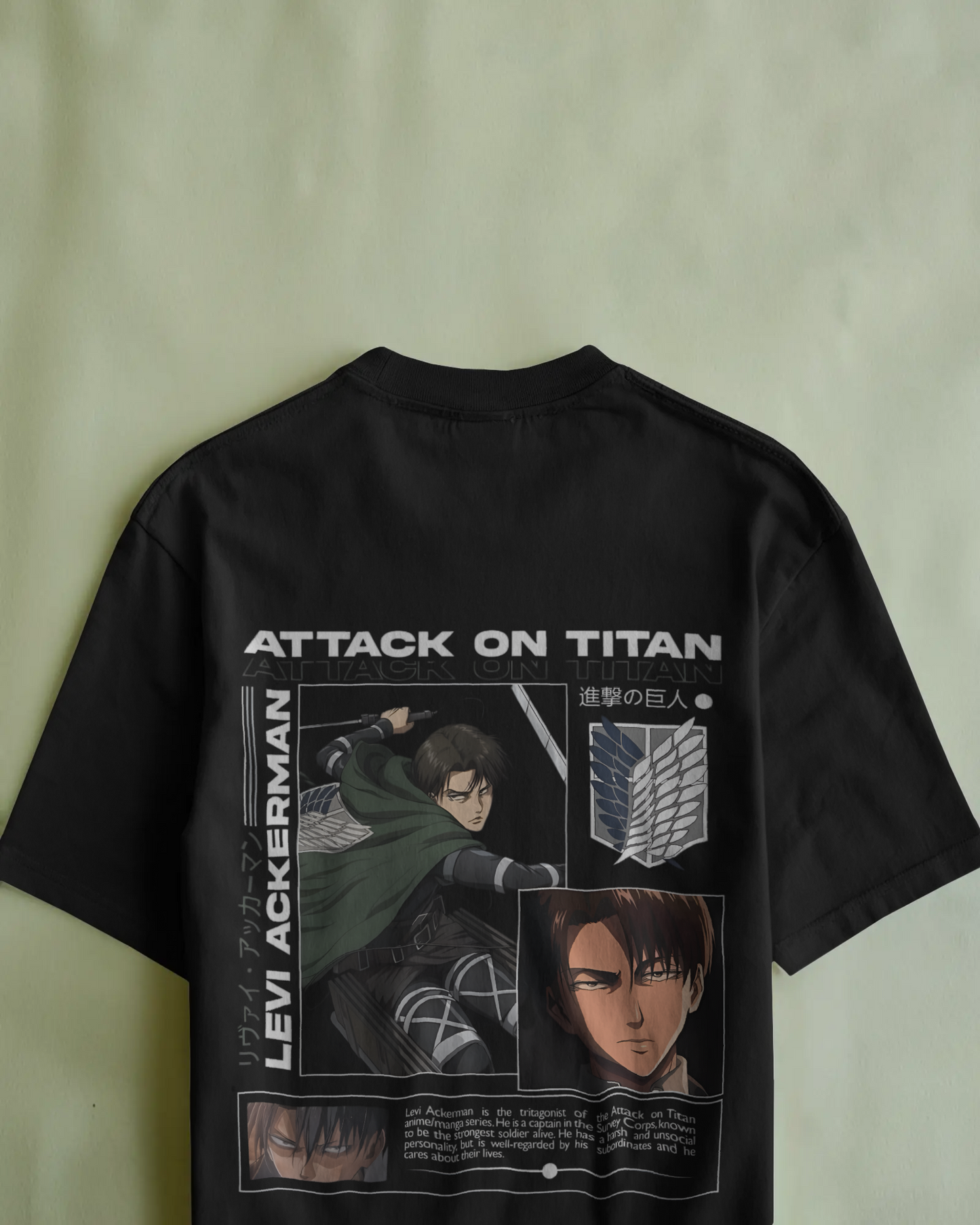 Camiseta Levi Ackerman | Attack on Titan | Oversize negra diseño exclusivo